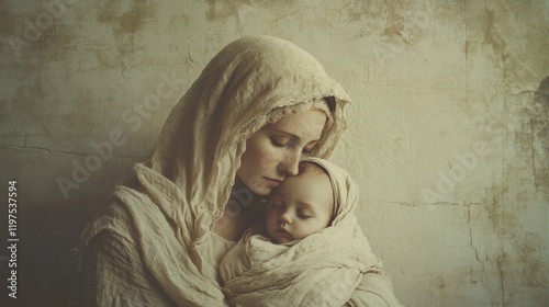 Mother Mary and baby Jesus. A spiritual image of love, care, and divine peace.