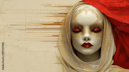 A serene depiction of a carnival mask with intricate gold filigree, bold red lips, and a flowing red and beige veil, combining elegance and mystery against a soft neutral background. photo