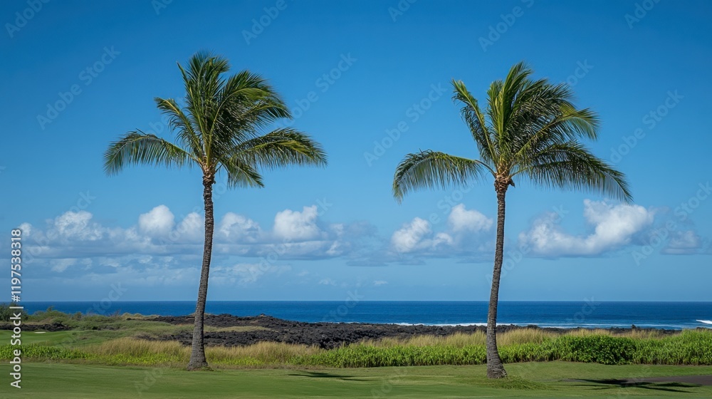 Two palm trees lean towards the ocean, framed by a clear blue sky and soft, fluffy clouds, evoking a tropical escape. Two palm trees lean towards the ocean, framed by a clear blue sky and soft, fluffy clouds, evoking a tropical escape.