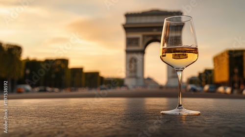 Fototapeta Naklejka Na Ścianę i Meble -  Bordeaux wine glass at sunset with Arc de Triomphe in Paris