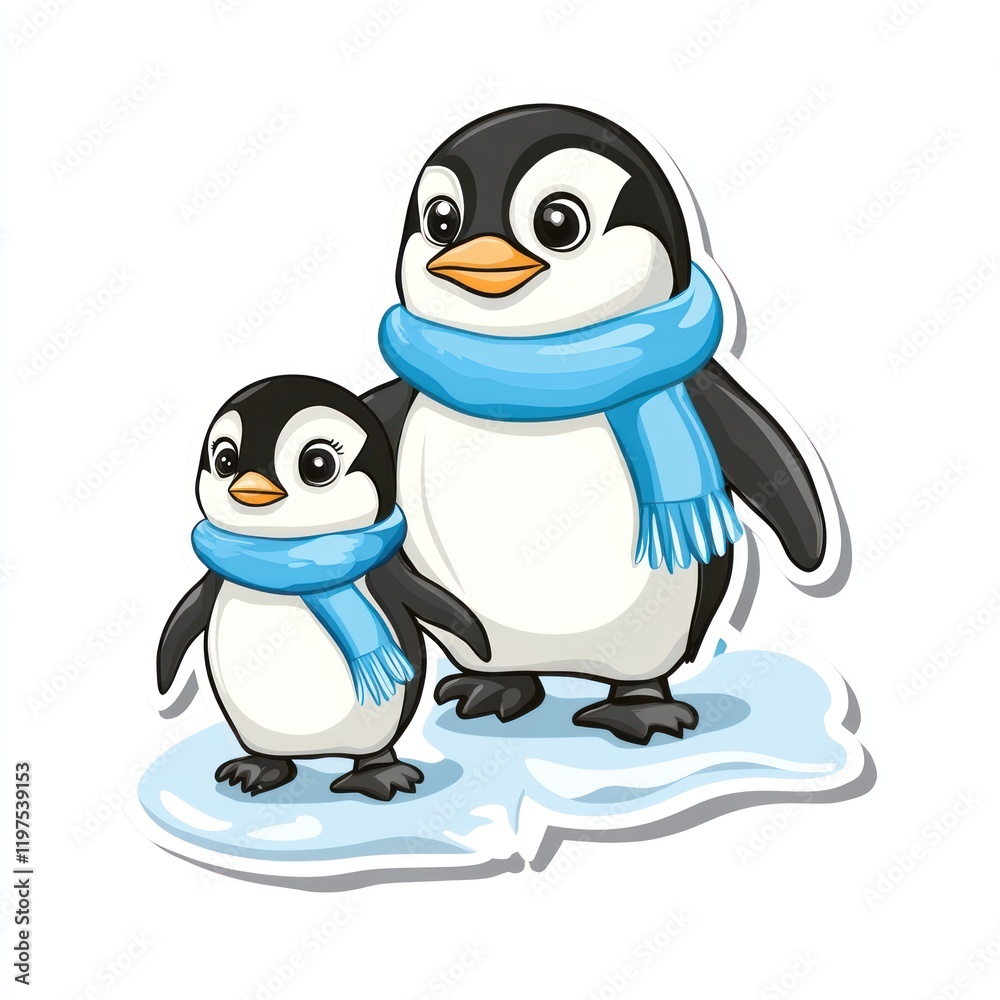 Obraz premium Two cute penguins, winter scarves, ice, children's book illustration