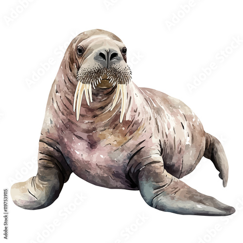 A watercolor of a walrus, isolated on a white background. Animal vector.
