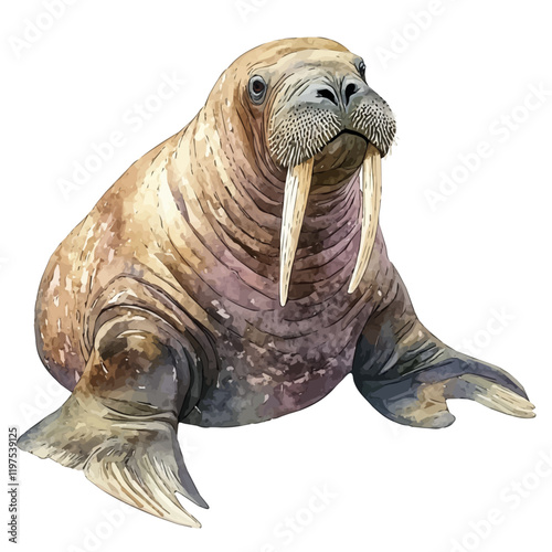 A watercolor of a walrus, isolated on a white background. Animal vector.
