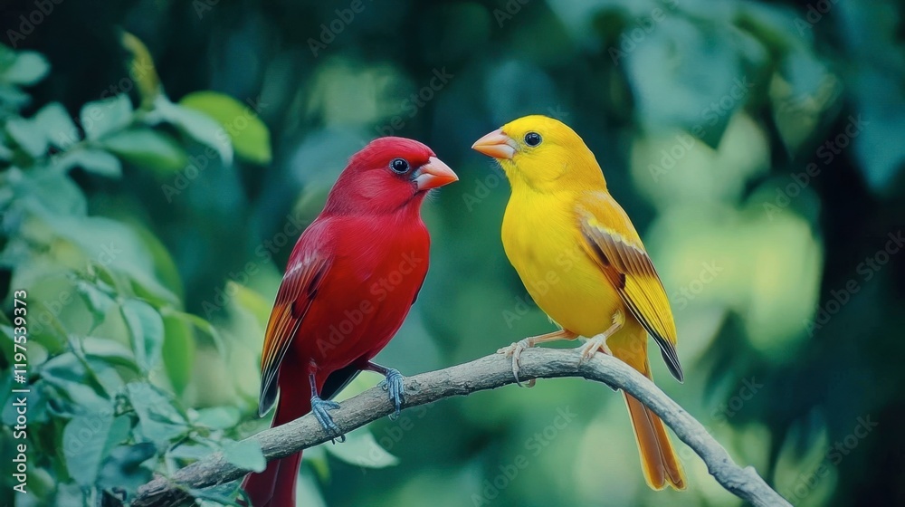 Obraz premium Yellow and red birds perched on a branch, their vivid hues beautifully contrasted by the soft, lush green background of the forest.