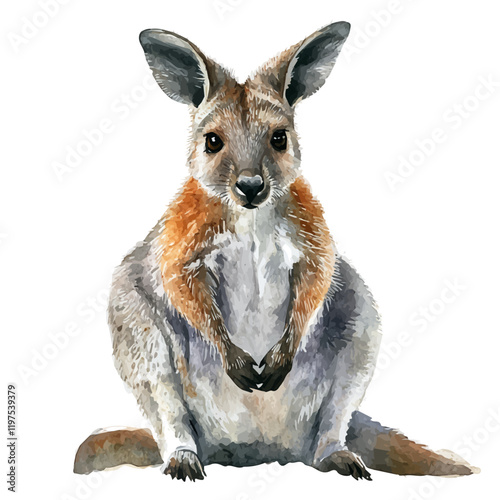 A watercolor drawing of a wallaby, isolated on a white background. Animal vector.
