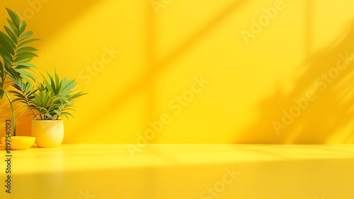 Blank yellow display on vivid summer background with minimal style. Blank stand for showing product. 3D rendering.