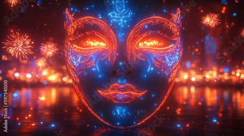 A glowing carnival mask illuminated with neon blue and red patterns, surrounded by vibrant fireworks and city lights, blending synthwave aesthetics with the festive energy of carnival celebrations. photo