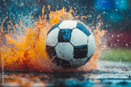 Vibrant collision of a soccer ball and colorful liquid splashes creating an energetic visual representation of sports dynamics