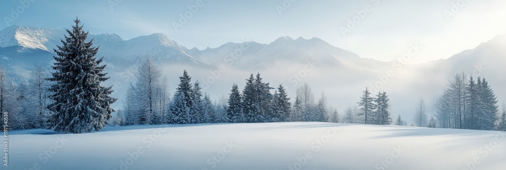 Fototapeta premium Snowy landscape with evergreen trees and misty mountains in a serene winter setting. Generative AI