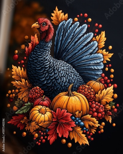 Colorful turkey with pumpkins on dark background. photo