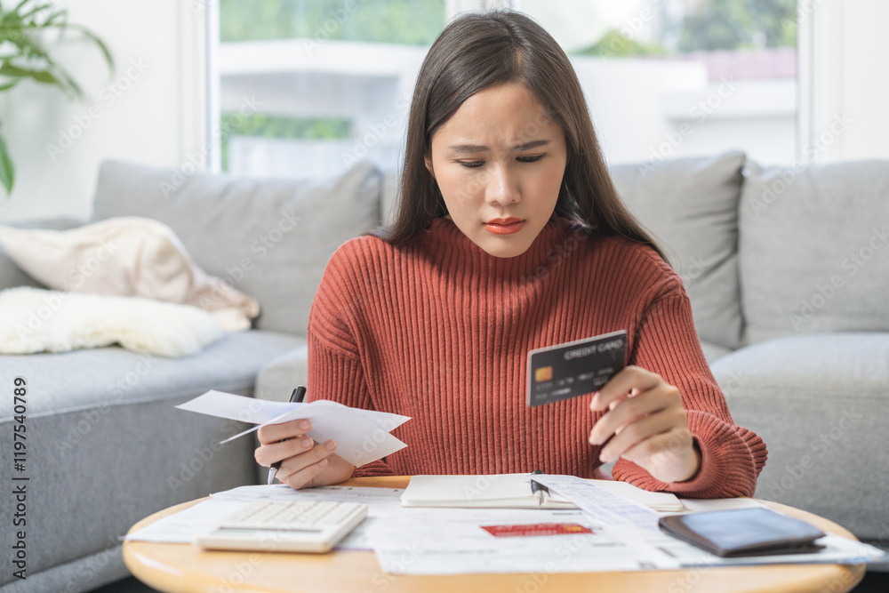 Financial owe, stressed asian woman, girl hand holding credit card, stressed by calculate expense from invoice or bill, no money to pay, mortgage or loan on table at home. Debt, bankruptcy or bankrupt Financial owe, stressed asian woman, girl hand holding credit card, stressed by calculate expense from invoice or bill, no money to pay, mortgage or loan on table at home. Debt, bankruptcy or bankrupt