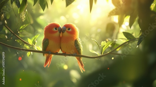 Yellow and red birds perched on a delicate branch, their bright feathers creating a striking visual against the soft green scenery.