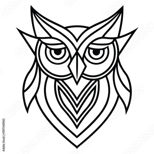 "A minimalist line art design of an owl head, featuring symmetrical and sleek curves, sharp eyes with intricate geometric detailing, and a balance of elegance and wisdom.