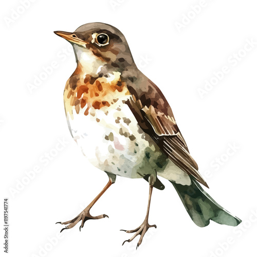 A watercolor drawing of a thrush, isolated on a white background. Bird vector.
