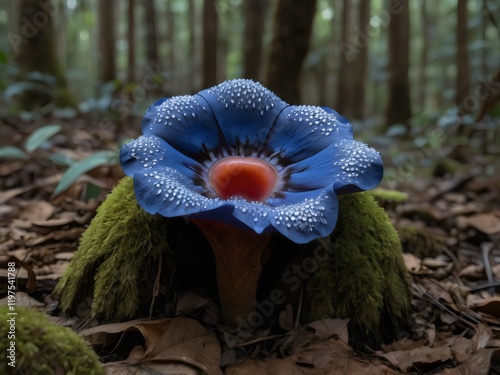 A rafflesia bloom flower with blue petals and intricate patterns grows on a mossy forest floor.  photo