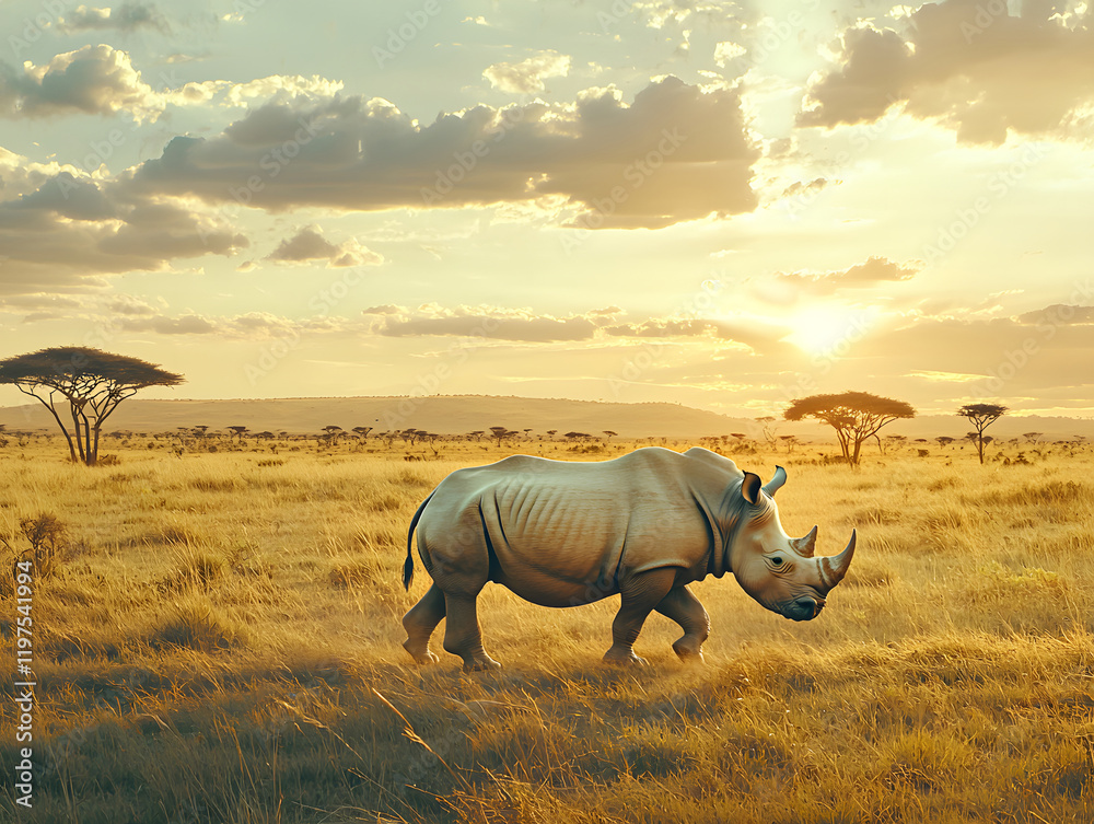 A serene scene of a rhinoceros walking slowly across an African savanna
A serene scene of a rhinoceros walking slowly across an African savanna