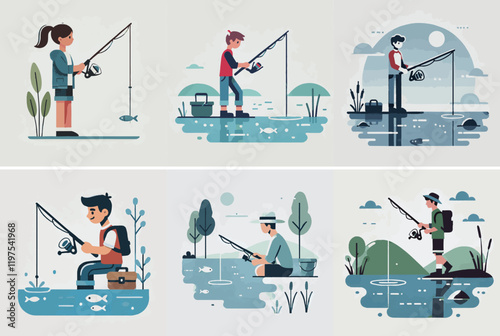 Vector set of a teenager fishing in a lake or river with a simple and minimalist flat design style, white background