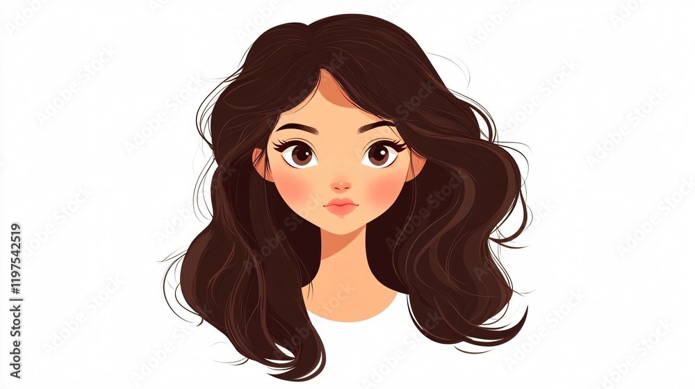 Brunette Girl Cartoon Portrait: Wide Angle Isolated Illustration Brunette Girl Cartoon Portrait: Wide Angle Isolated Illustration