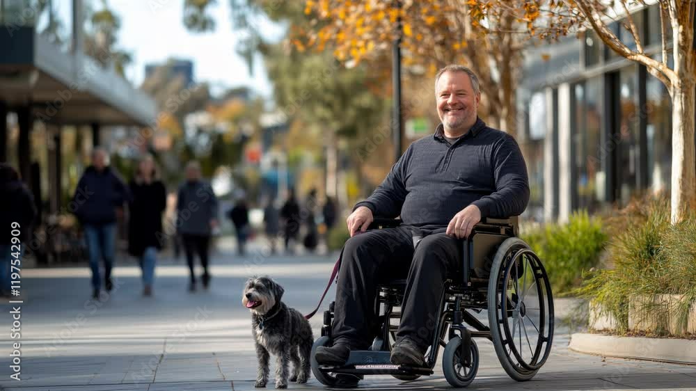 A smiling and relaxed man in a wheelchair sits with his dog on an urban street during a sunny day. A smiling and relaxed man in a wheelchair sits with his dog on an urban street during a sunny day.