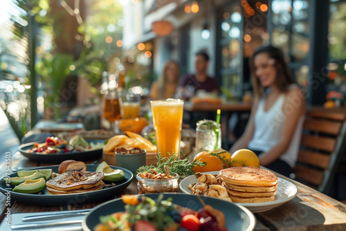 A table full of food and drinks with a woman sitting at it