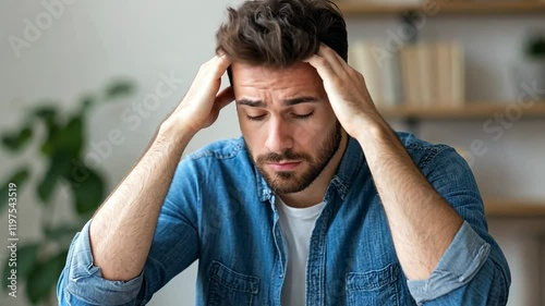 Young man in casual attire sitting at a desk, expressing stress while working from home with books in background