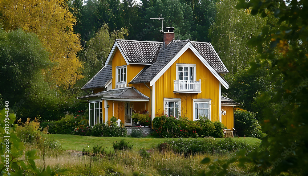 Charming yellow house nestled in greenery during an autumn landscape -