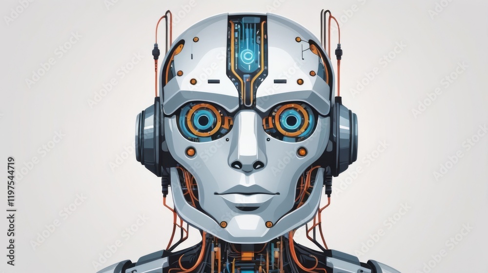 A robot with blue eyes and orange ears is wearing headphones A robot with blue eyes and orange ears is wearing headphones