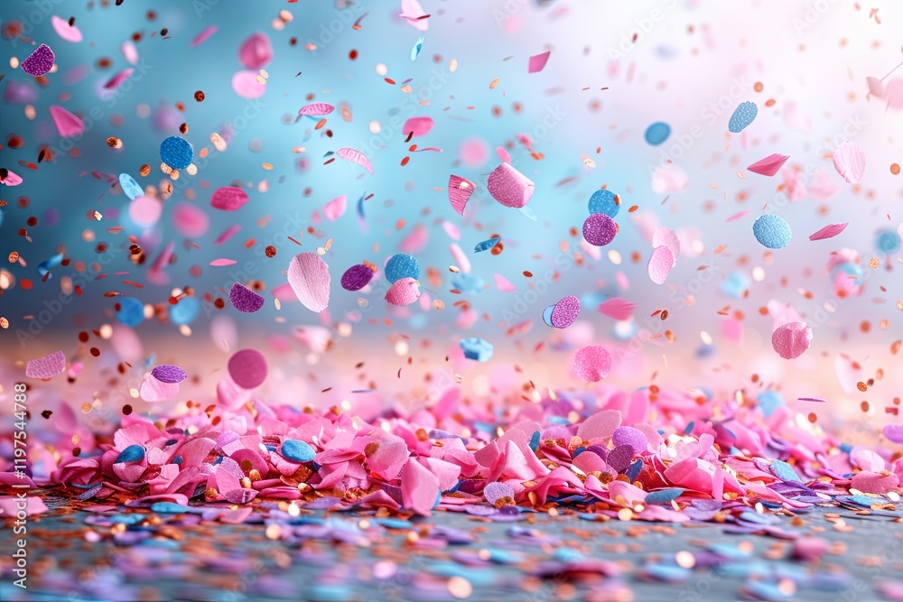 Fototapeta premium Pink and blue confetti falling from the sky, creating colorful and festive atmosphere