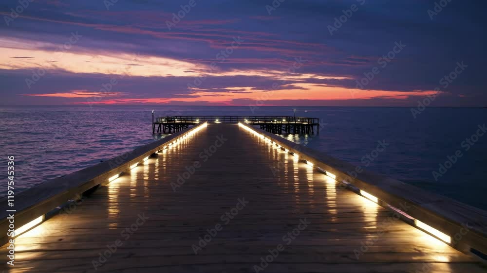 wooden pier path, illuminated by a warm glow of LED lights, stretches out like a welcoming ribbon, offering a panoramic view of tranquil ocean at sunset wooden pier path, illuminated by a warm glow of LED lights, stretches out like a welcoming ribbon, offering a panoramic view of tranquil ocean at sunset