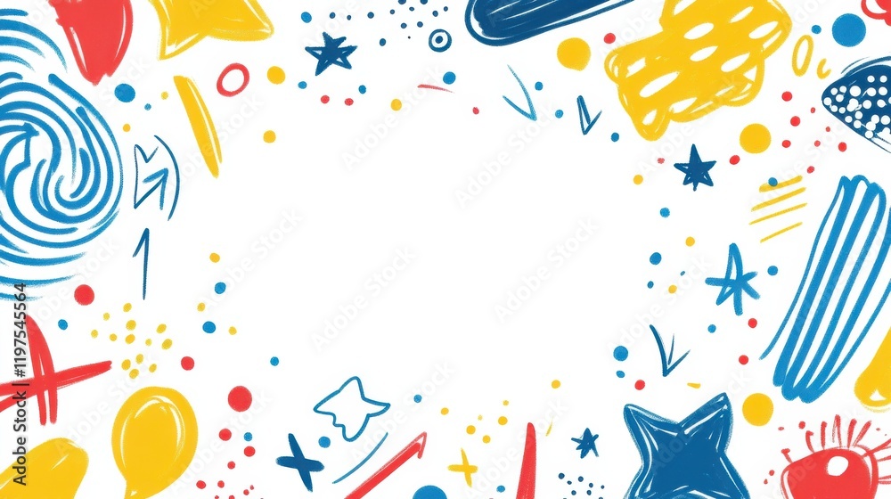 Fototapeta premium Colorful abstract doodle border with stars and shapes on white background