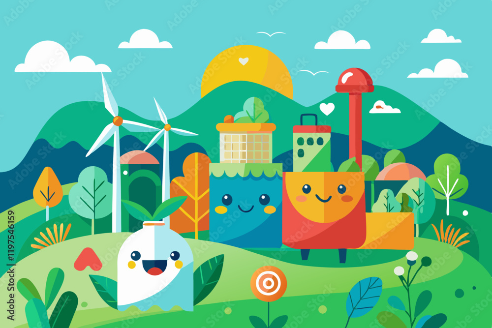 Naklejka premium Cheerful Illustration of Sustainable Living with Reusable Bag, Wind Farm, and Green Countryside