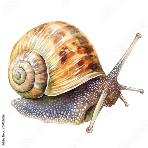 A watercolor vector of a snail, isolated on a white background. Snail vector.
