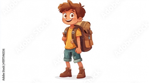 Cheerful young camper with backpack in fun cartoon vector design for outdoor adventure