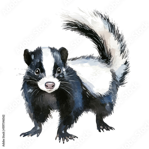 A watercolor illustration of a skunk, isolated on a white background. Skunk vector.
