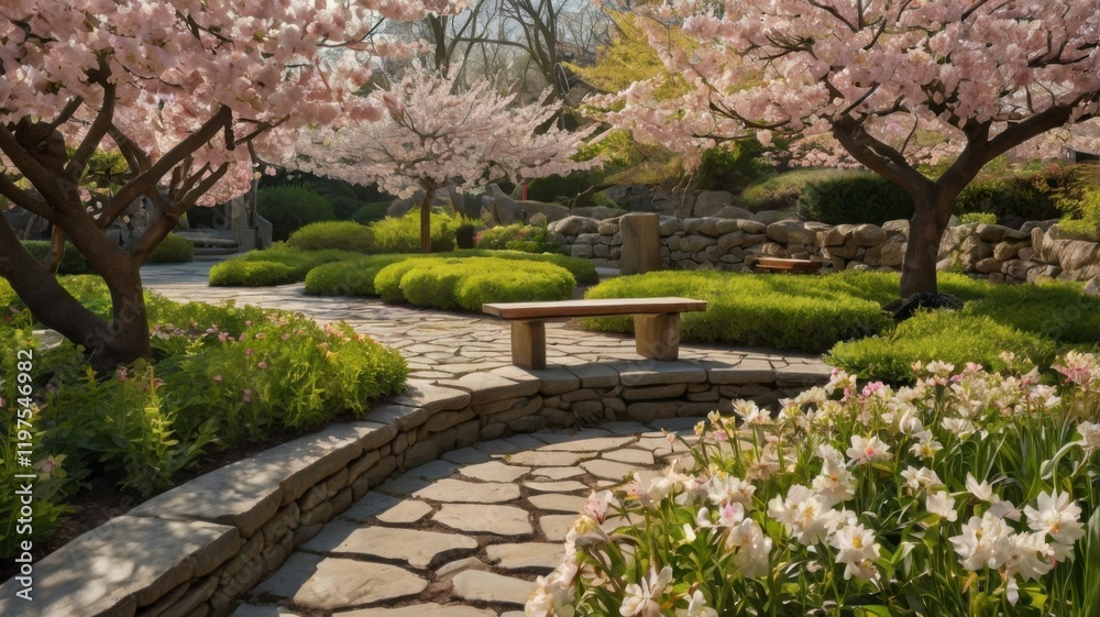 Obraz premium A garden with a stone path and a bench