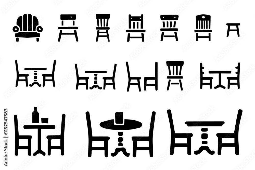 Simplistic Monochrome Icons of Tables and Chairs