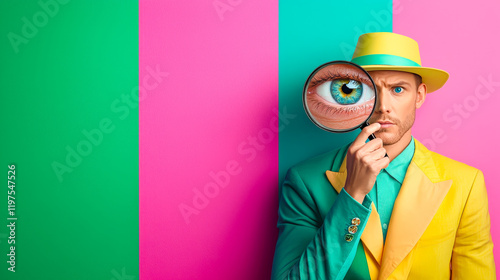 Stylish man with eye through magnifying glass against bright colored background in creative fashion setting