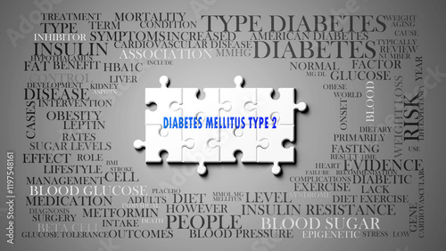 Diabetes Mellitus Type 2 as a complex subject, related to important topics. Pictured as a puzzle surrounded by most important ideas and phrases related to diabetes mellitus type 2. ,3d illustration photo