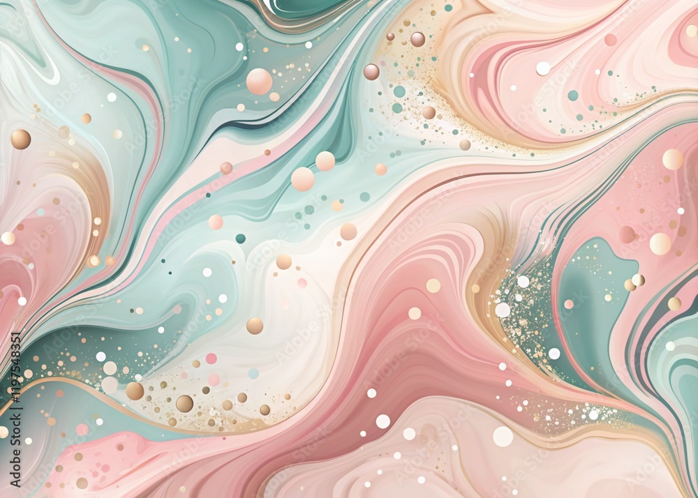 Fototapeta premium Banner, flyer. Abstract, dreamy, watercolor background with waves, streaks, and liquid streams of pink, blue, and pearls.