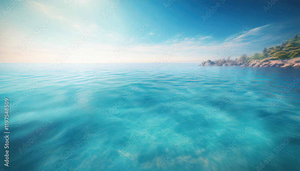 A serene and tranquil seascape of a calm ocean meeting a clear blue sky. The water is a crystal-clear turquoise color, and the surface is gently rippled by a soft breeze.