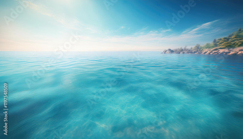Obraz na płótnie A serene and tranquil seascape of a calm ocean meeting a clear blue sky. The water is a crystal-clear turquoise color, and the surface is gently rippled by a soft breeze. w salonie