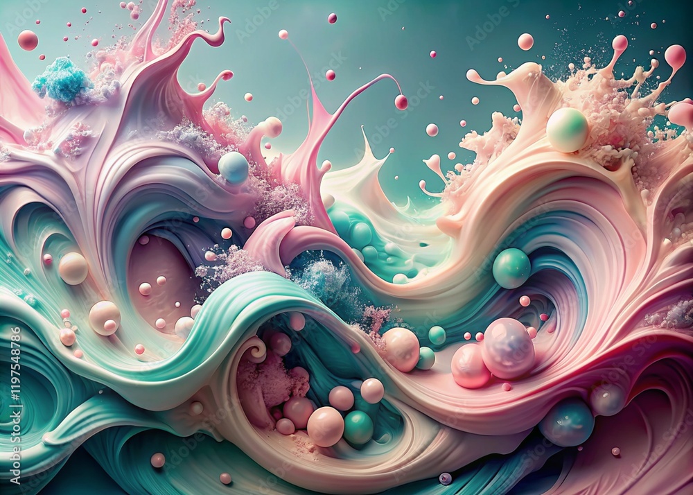Obraz premium Banner, flyer. Abstract, dreamy, watercolor background with waves, streaks, and liquid streams of pink, blue, and pearls.