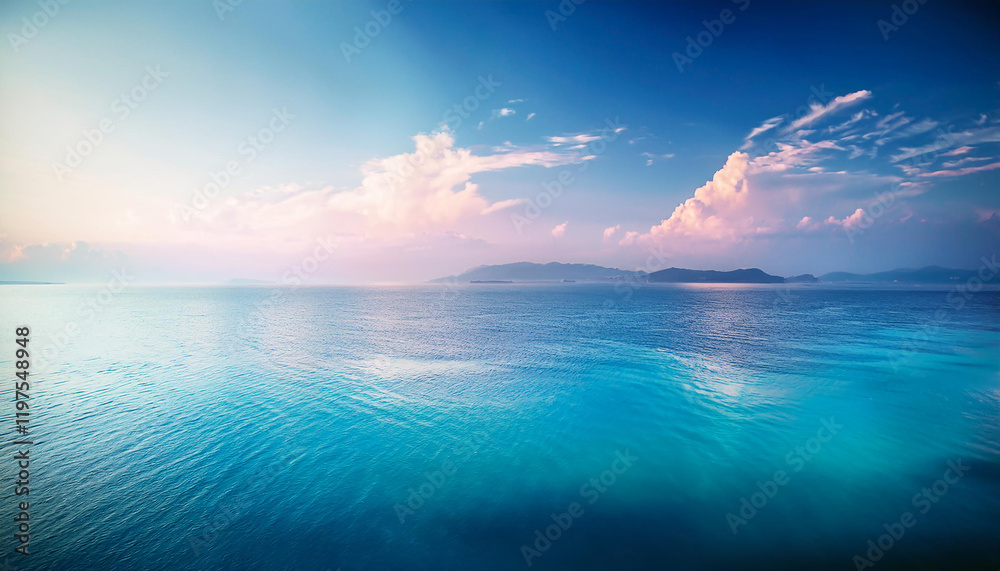 A serene and tranquil seascape of a calm ocean meeting a clear blue sky. The water is a crystal-clear turquoise color, and the surface is gently rippled by a soft breeze.
