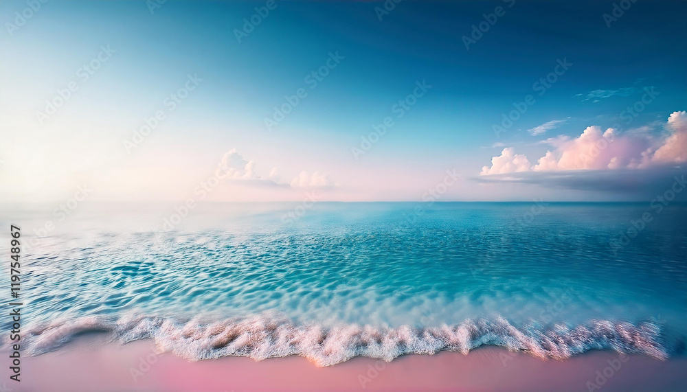 A serene and tranquil seascape of a calm ocean meeting a clear blue sky. The water is a crystal-clear turquoise color, and the surface is gently rippled by a soft breeze. A few fluffy white clouds