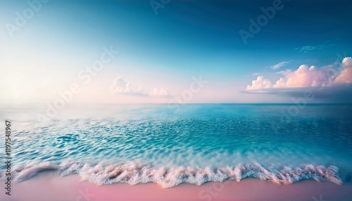 Obraz na płótnie A serene and tranquil seascape of a calm ocean meeting a clear blue sky. The water is a crystal-clear turquoise color, and the surface is gently rippled by a soft breeze. A few fluffy white clouds w salonie