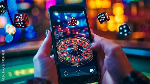 Hands holding smartphone digital roulette.Glowing screen displays casino game night.Colorful lights virtual gambling app.simulation mobile device dark setting.Person engaging online betting