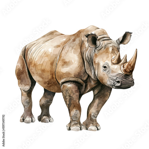 A watercolor drawing of a rhinoceros, isolated on a white background. Rhinoceros vector.
