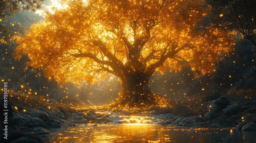 Naklejka premium Golden autumn tree glowing at sunset by a stream.