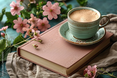 Coffee cup on pink book with blooming flowers