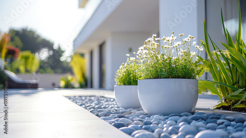 Fototapeta Naklejka Na Ścianę i Meble -  A white planter containing small white flowers and green foliage, set against a contemporary house and landscaped garden. Landscaping, garden design, modern architecture and outdoor living.